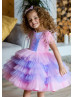 Sequin Pink Violet Layered Tulle Flower Girl Dress With Feather